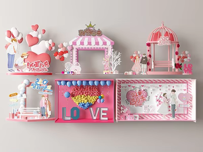 Pink Romantic Celebration Decorations With Hearts Balloons LOVE Letters And Gazebo 3d model