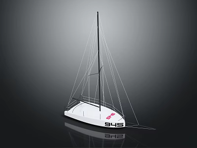 White Sailboat Model With Red Number 915 Mast Ropes And Dark Background Reflection 3d model