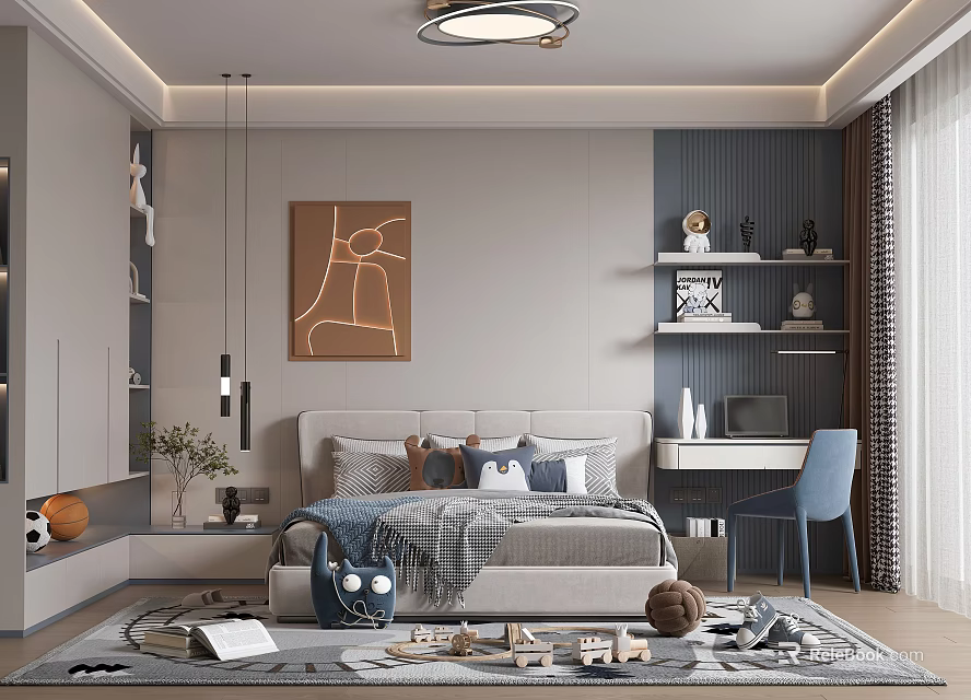 Modern Kids Room Interior With Bed Desk Chair Artwork And Playful Toys On Rug 3d model 