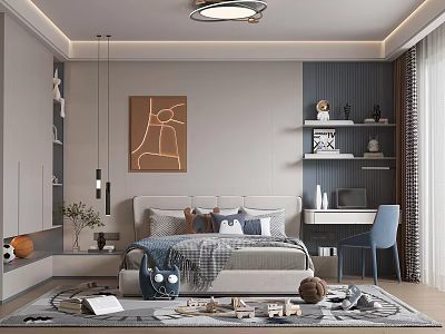 Modern Kids Room Interior With Bed Desk Chair Artwork And Playful Toys On Rug 3d model