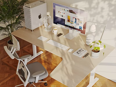 Sunlit Home Office Desk With iMac Computer Headphones Table Lamp Potted Plants And Ergonomic Chair 3d model