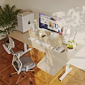 Sunlit Home Office Desk With iMac Computer Headphones Table Lamp Potted Plants And Ergonomic Chair