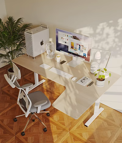 Sunlit Home Office Desk With iMac Computer Headphones Table Lamp Potted Plants And Ergonomic Chair 3d model