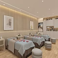 Serene SPA Sauna Interior With Blue Massage Beds Round Stools Wooden Walls And Decorative Paintings