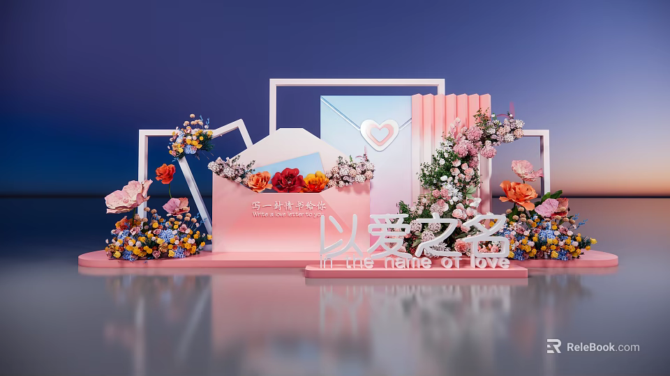 Love Themed Romantic Check in Photo Spot With Pink Envelope Heart Decor And Floral Frames 3d model 