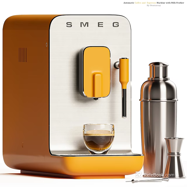 SMEG Coffee Machine As Modern Kitchen Appliance With Orange Silver Design And Coffee Cup 3d model 