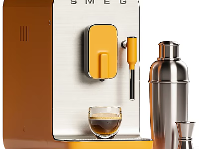 SMEG Coffee Machine As Modern Kitchen Appliance With Orange Silver Design And Coffee Cup 3d model