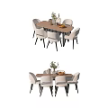 Rectangular Wooden Dining Table Set With White Chairs Vase And Fruit Plate 3d model