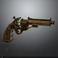Vintage Brass Revolver with Wooden Grip Engraved Pattern and Glowing Components Steampunk Inspired Design