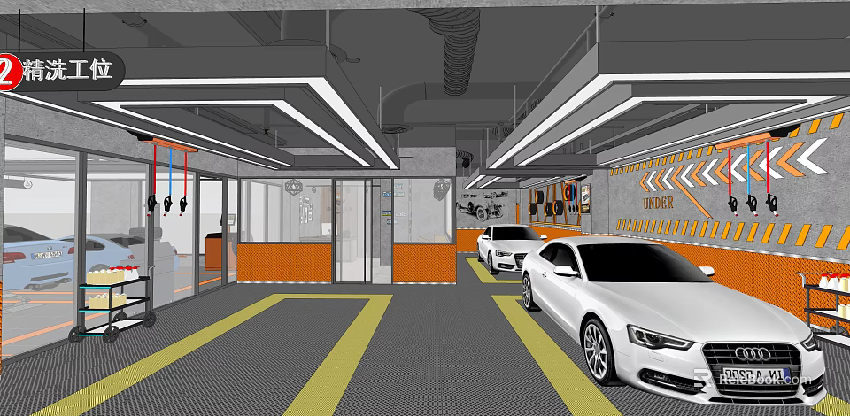Modern 4S Auto Showroom Interior With Displayed Cars Yellow Guide Lines And Ceiling Lighting 3d model 