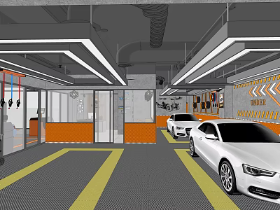 Modern 4S Auto Showroom Interior With Displayed Cars Yellow Guide Lines And Ceiling Lighting 3d model
