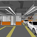 Modern 4S Auto Showroom Interior With Displayed Cars Yellow Guide Lines And Ceiling Lighting