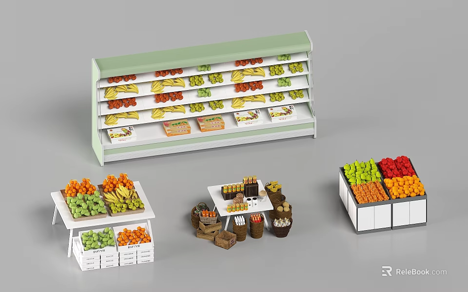Display Shelves for Fresh Fruits and Vegetables with Multi Tiered Design in Retail Store 3d model 