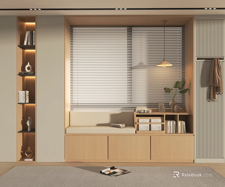 Modern Wooden Bay Window Cabinet With Blinds Bookshelf And Hanging Lamp Plant 3d model 