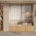 Modern Wooden Bay Window Cabinet With Blinds Bookshelf And Hanging Lamp Plant