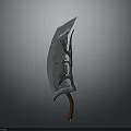 Curved Blade Weapon Featuring Silver Metal Intricate Carvings And Brown Wooden Handle