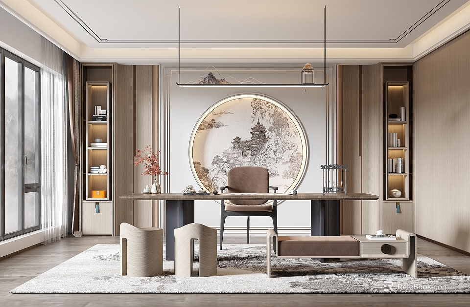 New Chinese Style Study Room With Round Art And Bookshelves 3d model 