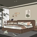 Modern Bedroom Interior With Brown Leather Bed Leaf Painting Desk Lamp Rug And Green Plant