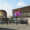 Modern Commercial Street With Green Lawn Trees Pedestrian Walkway And Square Shops