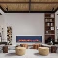 Warm Modern Hotel Public Lounge Area With Wooden Ceiling Pendant Lights And Wooden Tables Chairs