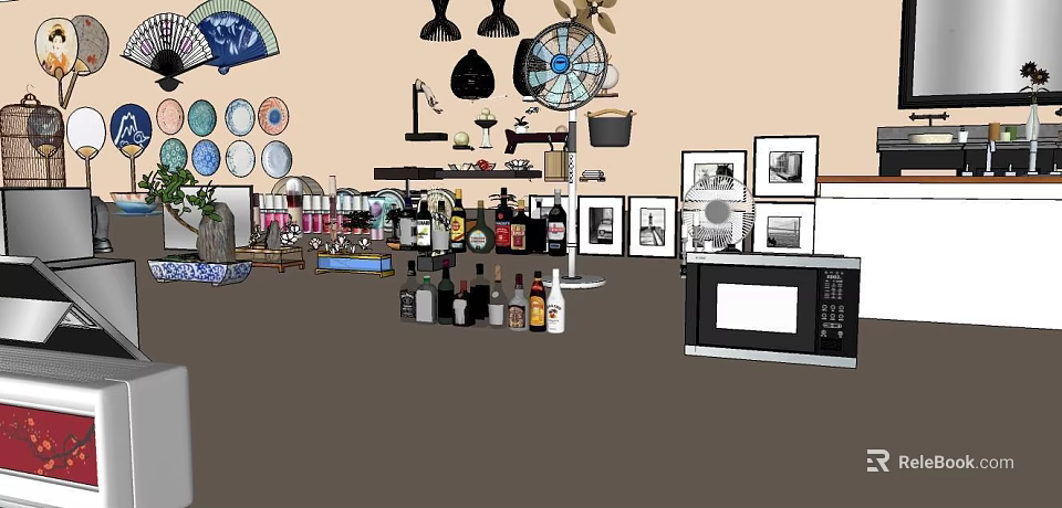 Decorative Ornament Combination For Home Decor With Vintage Fan Plates Photo Frames And Bottles 3d model 