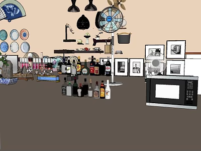 Decorative Ornament Combination For Home Decor With Vintage Fan Plates Photo Frames And Bottles 3d model