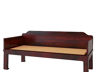 Traditional Chinese Dark Wood Daybed with Backrest Armrests and Natural Mat Surface 3d model
