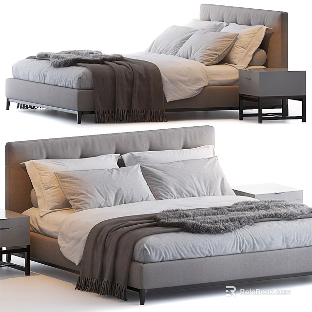 Modern Minimalist Double Bed With Soft Pillows Cozy Blanket And Nightstand 3d model 