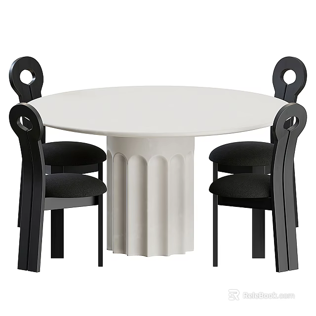Modern Round Dining Table Set With Cylindrical Pedestal And Four Black Chairs 3d model