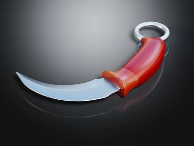 Tactical Curved Blade Weapon With Red Handle Silver Edge And Ring Grip 3d model