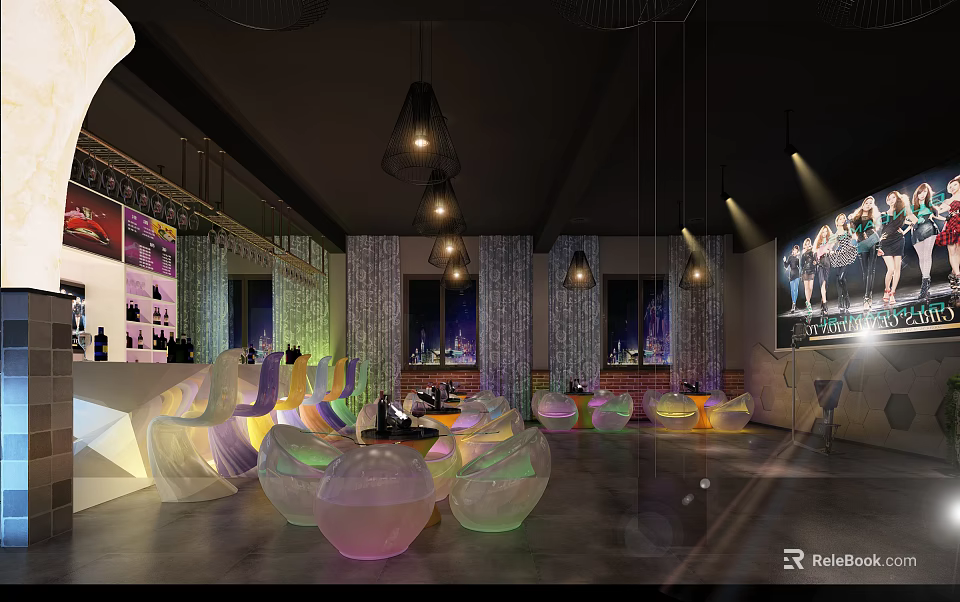 Modern Bar Interior With Colorful Bubble Seats Hanging Lights And Urban Decor 3d model 