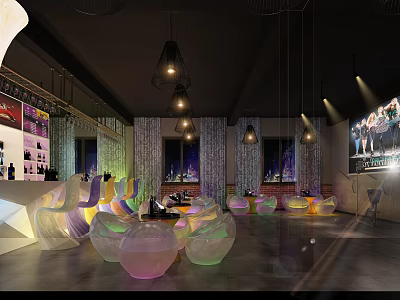 Modern Bar Interior With Colorful Bubble Seats Hanging Lights And Urban Decor 3d model