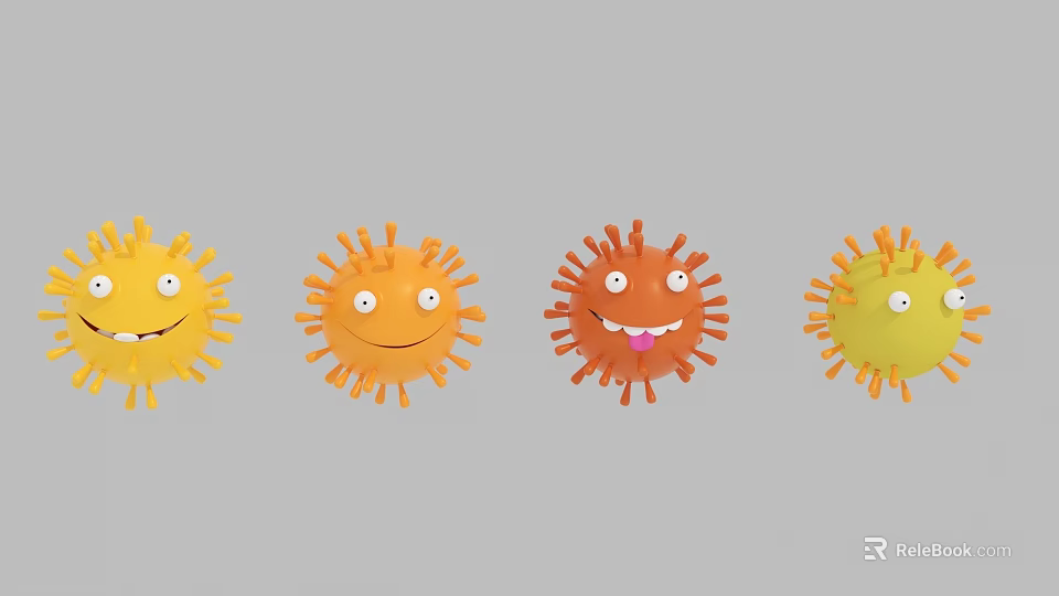 Colorful Cartoon Virus Characters With Different Smiling Faces And Spiky Structures 3d model