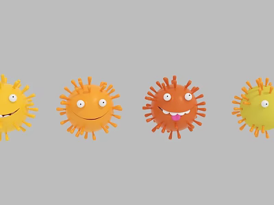 Colorful Cartoon Virus Characters With Different Smiling Faces And Spiky Structures 3d model