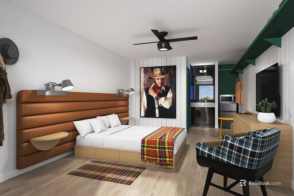 Stylish Hotel Room Interior With Brown Tufted Headboard White Pillows Plaid Blanket Black Ceiling Fan 3d model 
