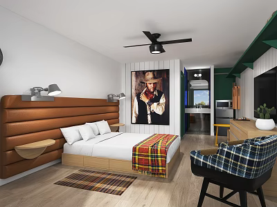 Stylish Hotel Room Interior With Brown Tufted Headboard White Pillows Plaid Blanket Black Ceiling Fan 3d model