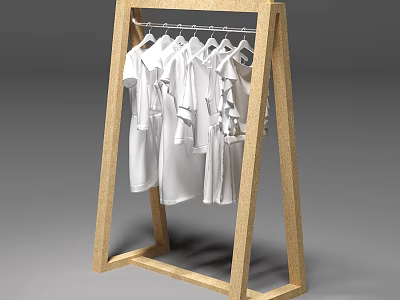 Sturdy Wooden Clothes Rack with Multiple White T-shirts Hanging on 3d model