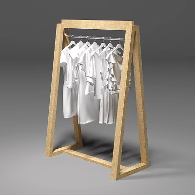 Sturdy Wooden Clothes Rack with Multiple White T-shirts Hanging on 3d model