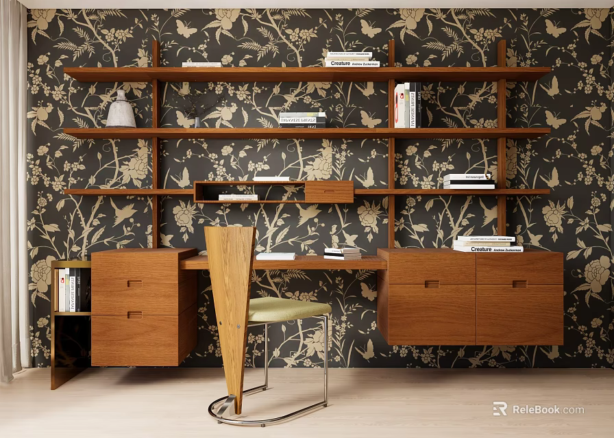 Wooden Desk With Bookshelf Drawers Chair And Decorative Books Against Floral Pattern Wallpaper 3d model 