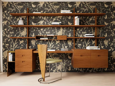 Wooden Desk With Bookshelf Drawers Chair And Decorative Books Against Floral Pattern Wallpaper 3d model