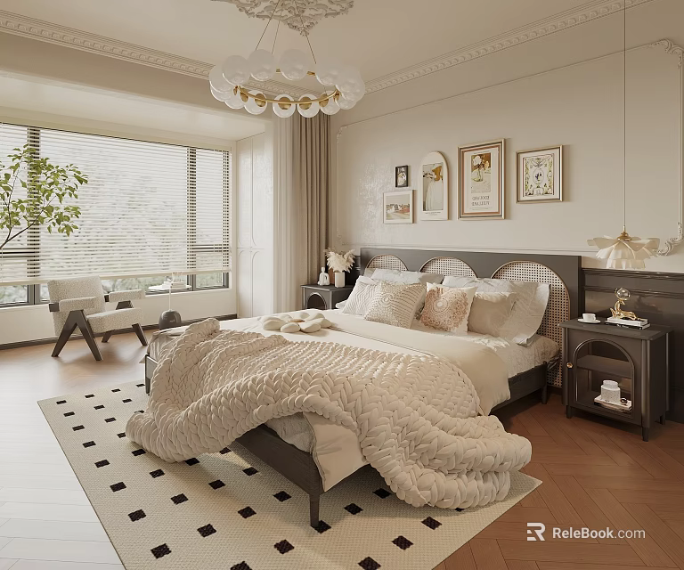 Elegant Modern Bedroom Interior With Cozy Bed Pillows Chandelier Decorative Paintings And Area Rug 3d model 