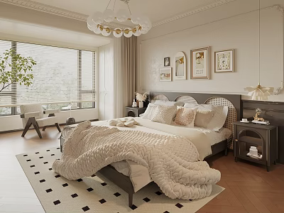 Elegant Modern Bedroom Interior With Cozy Bed Pillows Chandelier Decorative Paintings And Area Rug 3d model