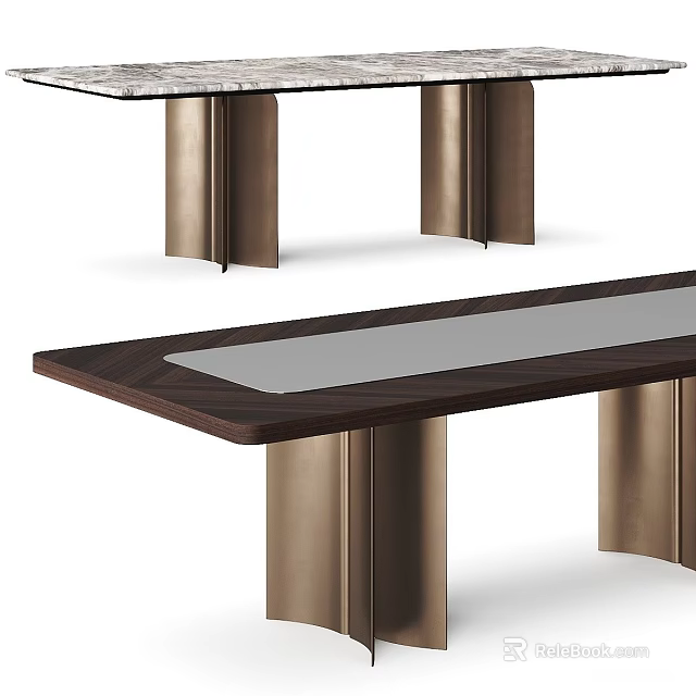 Contemporary Dining Table Featuring Walnut Surface And Brass Metal Legs 3d model 
