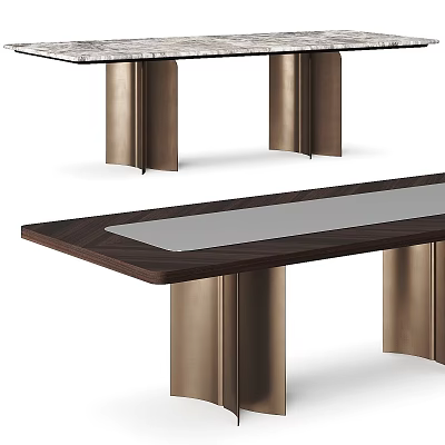 Contemporary Dining Table Featuring Walnut Surface And Brass Metal Legs 3d model