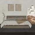 Modern Double Bed with White Bedding Wooden Frame Gray Wall Hanging Paintings and Pendant Light