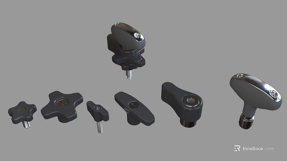 Black Mechanical Parts With Various Shapes Including Knobs Handles And Connectors 3d model