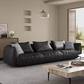 Living Room With Black Leather Sofa Gray Pillows Wooden Cabinet Wall Niches And Pendant Lamp