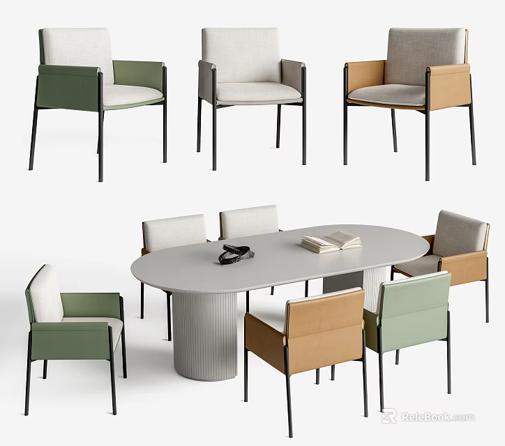 Modern Oval Dining Table Set With Multi Colored Upholstered Chairs 3d model 