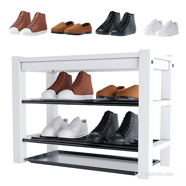Organized Entryway With White Multi Tier Shoe Rack And Various Shoes 3d model 