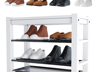 Organized Entryway With White Multi Tier Shoe Rack And Various Shoes 3d model